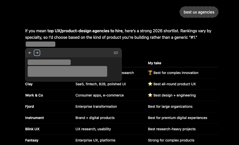ChatGPT answer for best ux agencies showing the EMD as a named source card, redacted