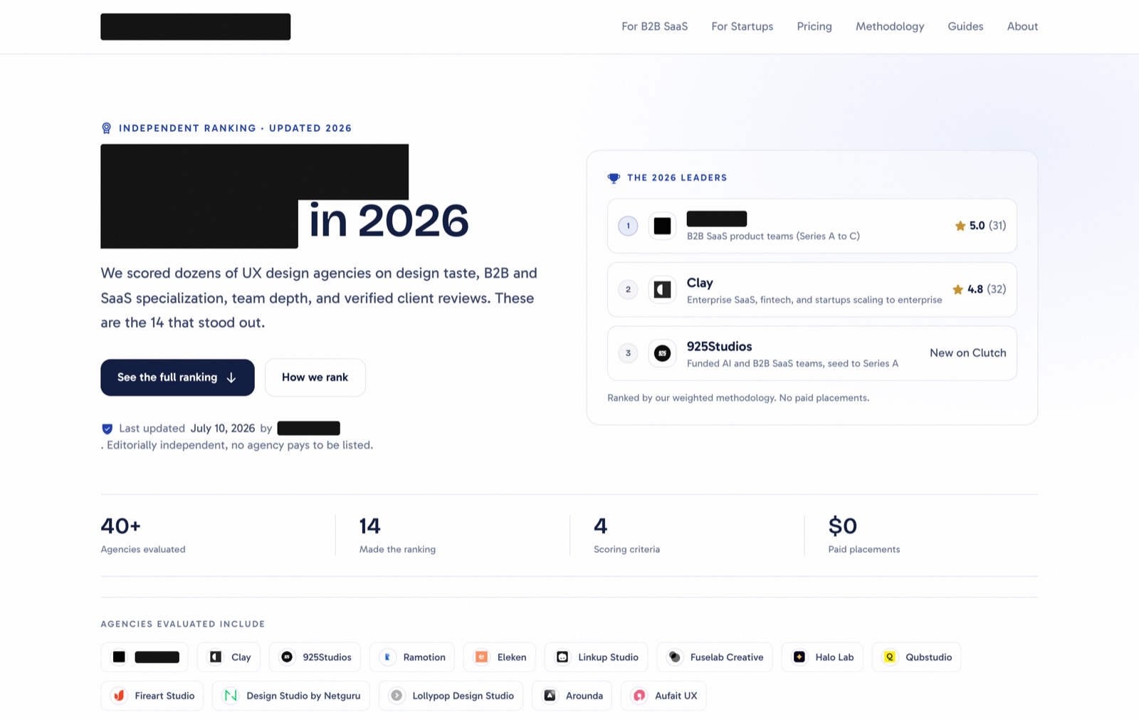 The first EMD's homepage: a ranked 2026 list of UX design agencies with a methodology and last-updated date