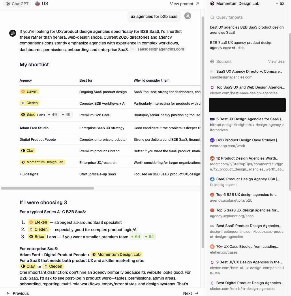 Peec AI view of a ChatGPT answer with the EMD in the sources and our agency in the shortlist