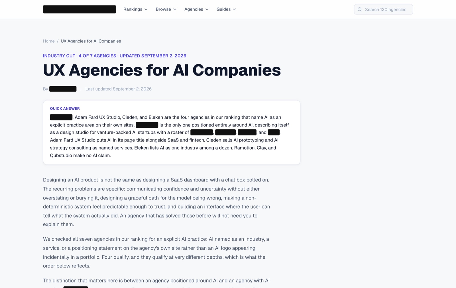 The UX Agencies for AI Companies page on EMD #2, with a boxed quick answer