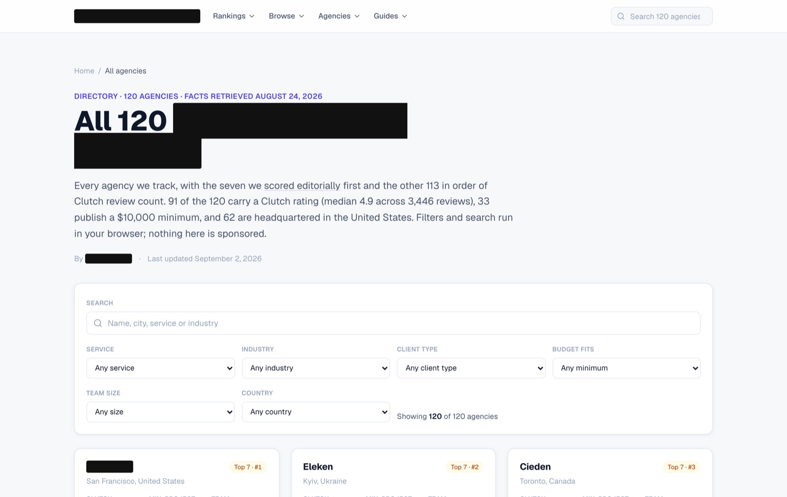 The 120-agency directory page on EMD #2 with search and filters