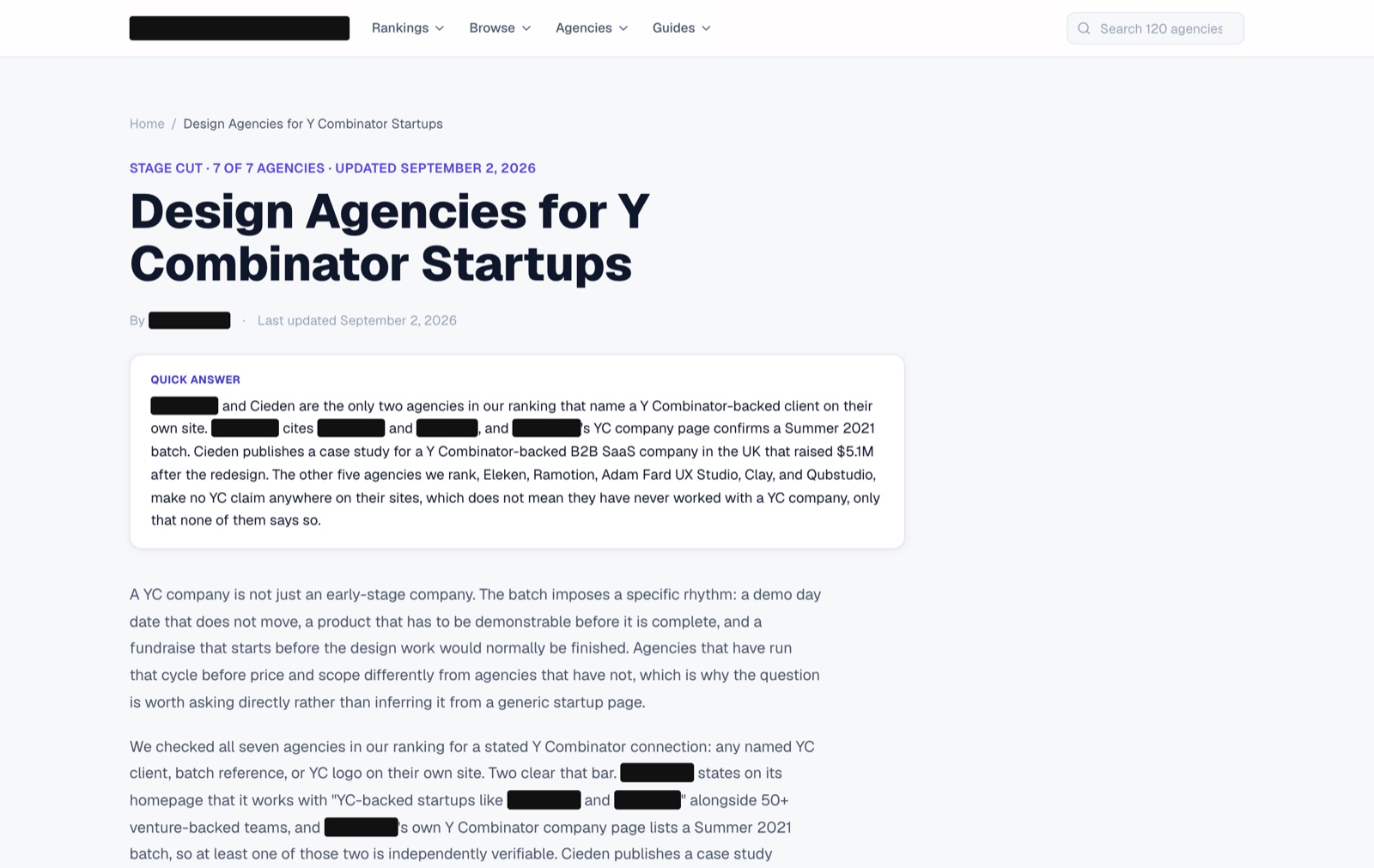 The Design Agencies for Y Combinator Startups page on EMD #2, with a boxed quick answer